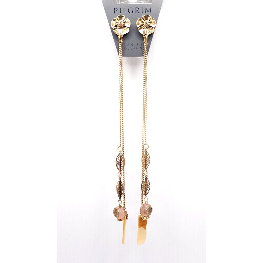 Pilgrim Denmark Gold Earrings Pink Crystal Floral Drop
